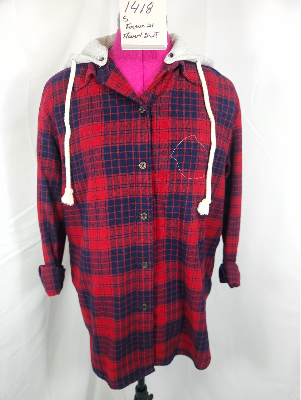 Forever 21 Women's S Plaid Flannel Button-Up Hooded Drawstring Shirt Red Blue